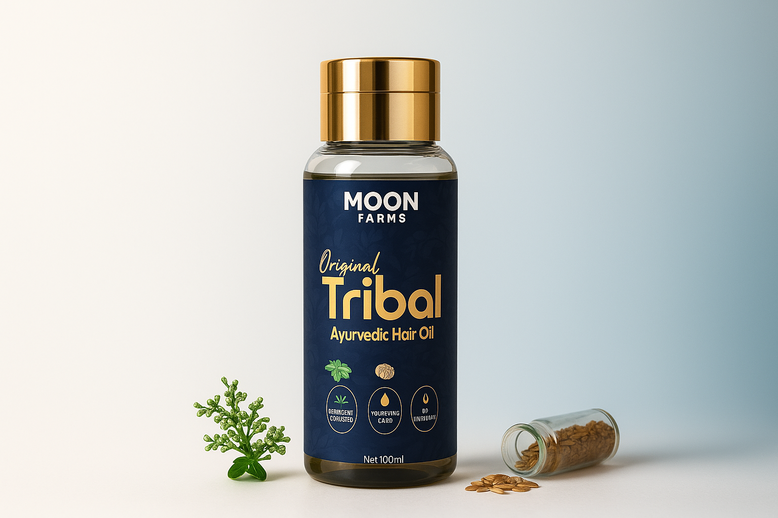 Hero Image - Blue Tribal Hair Oil with Real Product